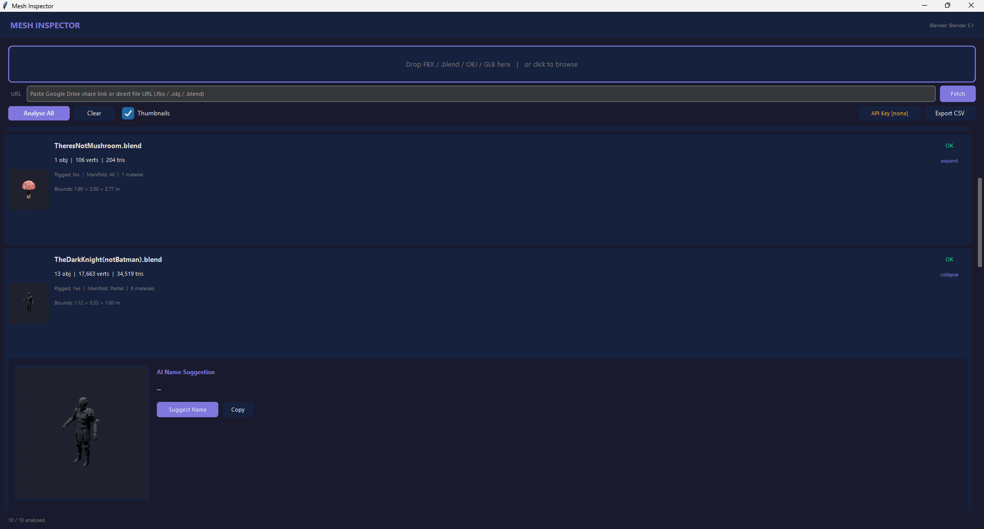 Analyse a whole folder — a thumbnail + report per file